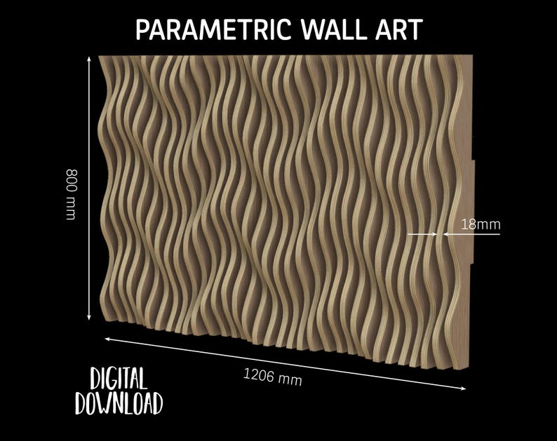 Op de afbeelding: Houten parametrische wandkunst met een 3D golvend ontwerp. Het paneel is 120,6 cm breed, 80 cm hoog en 1,8 cm dik. De tekst luidt "Parametric Wall Art" en "Digital Download".