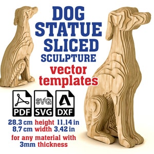 Plantilla vectorial de escultura de perro cortada (3 mm), estatua de perro de cartón SVG, archivos de corte láser de figura de perro, descarga digital, paramétrica, SVG, PDF, DXF