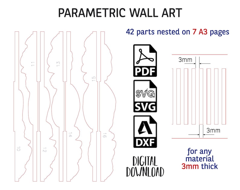 May include: Parametric wall art digital download files including PDF, SVG, and DXF formats. The design features 42 parts nested on 7 A3 pages, intended for any material 3mm thick. The layout includes numbered components and a 3mm spacing guide.