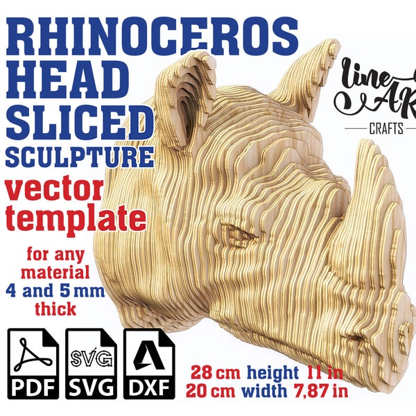 Modèle vectoriel en tranches de sculpture de tête de rhinocéros, sculpture de rhinocéros, tête de rhinocéros paramétrique, statue de rhinocéros, tête de rhinocéros Svg, Dxf, Pdf