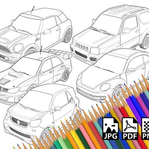 May include: A coloring page featuring five different car models: a Mini Cooper, a Subaru Impreza WRX, a Volkswagen Beetle, a Smart car, and a Suzuki Jimny. The cars are drawn in black and white outline and are surrounded by colored pencils.
