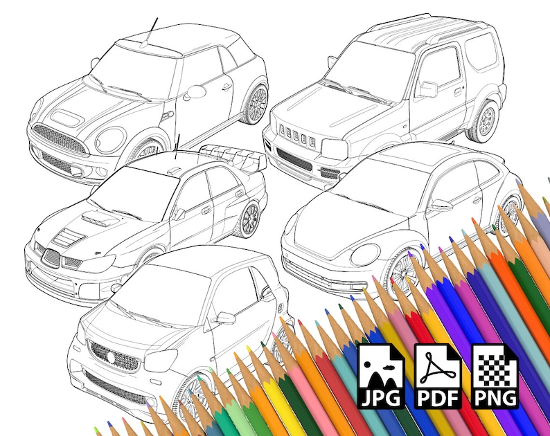 May include: A coloring page featuring five different car models: a Mini Cooper, a Subaru Impreza WRX, a Volkswagen Beetle, a Smart car, and a Suzuki Jimny. The cars are drawn in black and white outline and are surrounded by colored pencils.