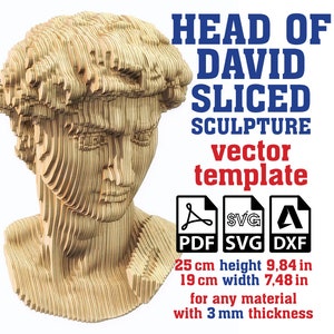 Plantilla de corte vertical de la estatua de la cabeza de David, escultura de la cabeza de David, estatua de la cabeza de David, estatua paramétrica de David, David DXF, PDF, SVG