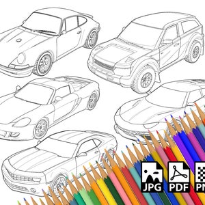 May include: A coloring page featuring five different car designs. The cars are drawn in black and white outline. A set of colored pencils are in the foreground of the image. The image also includes the words "JPG, PDF, PNG" in the bottom right corner.