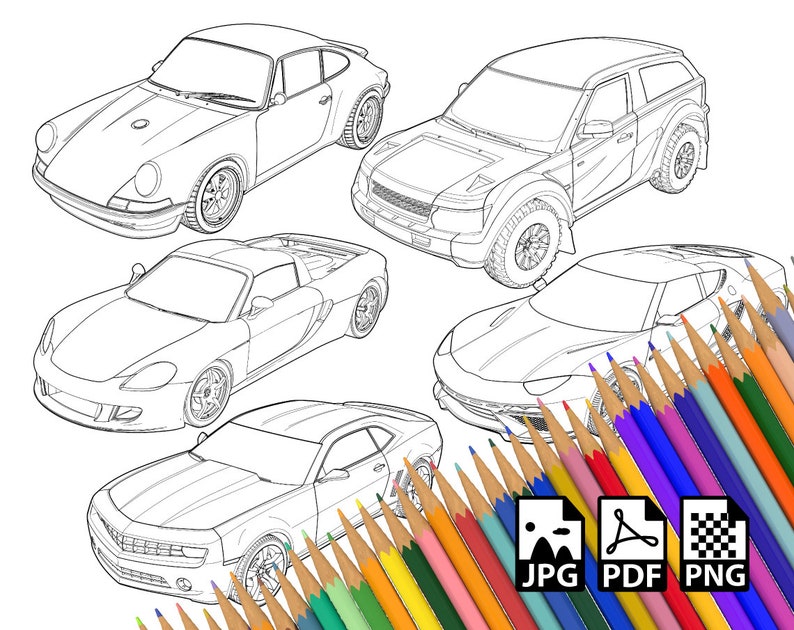 May include: A coloring page featuring five different car designs. The cars are drawn in black and white outline. A set of colored pencils are in the foreground of the image. The image also includes the words "JPG, PDF, PNG" in the bottom right corner.