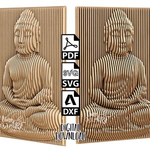 May include: A digital download file featuring a 3D-style relief of a seated Buddha figure composed of vertical light brown slats. The image includes icons for PDF, SVG, and DXF file formats, along with the text "DIGITAL DOWNLOAD" in black.