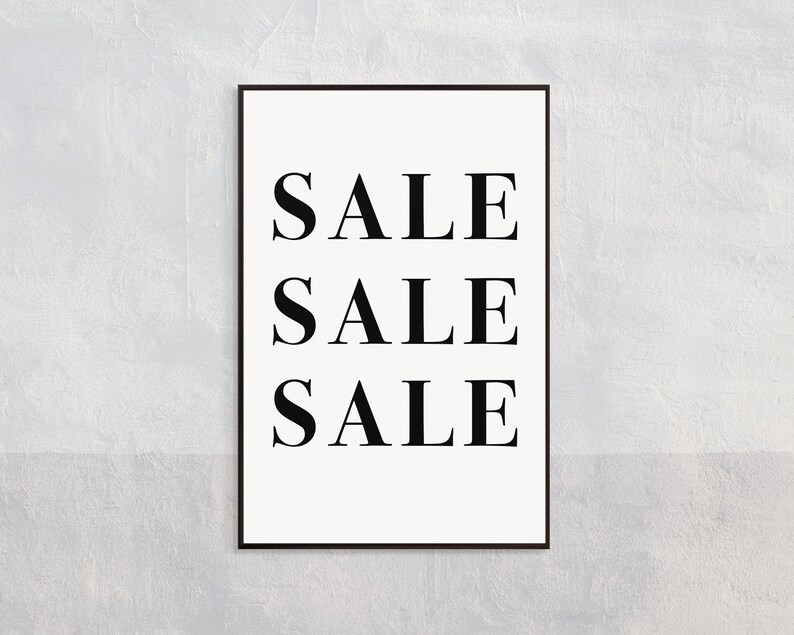 Puede incluir: Una impresi&oacute;n de arte imprimible en blanco y negro con la palabra "SALE" repetida tres veces en una pila vertical.