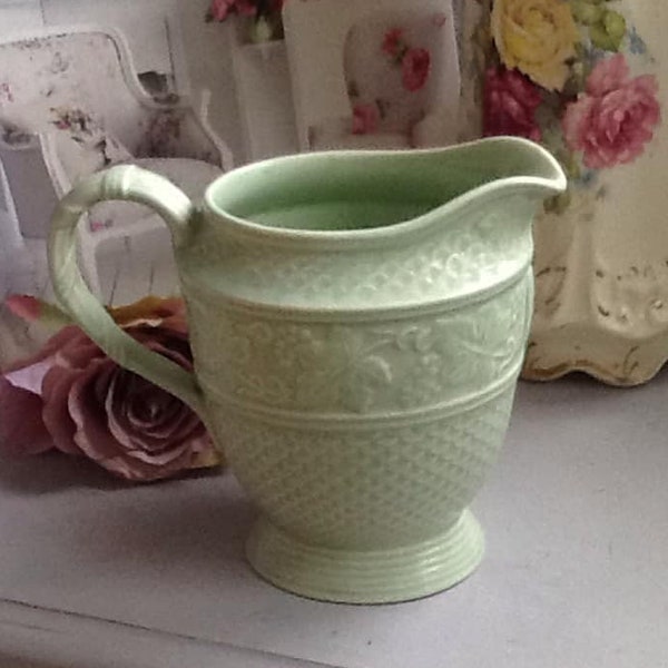 Pretty Art Deco Pale Green Milk Jug With Raised Grapes & Vine Leaf Design