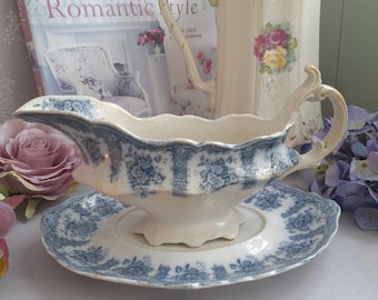 Antique Faded Blue & White Gravy Boat, Vintage Sauce Boat, Staffordshire Gravy Boat, Floral Sauce Boat, Vintage China Jug With Saucer