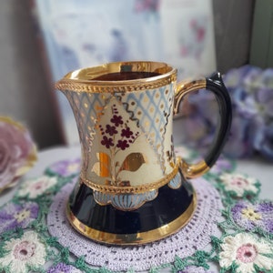 Darling Antique Victorian Glazed Pottery Decorative Jug in Gold & Black, Traditional English Jug