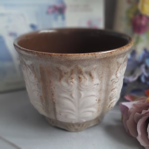 Può includere: Una tazza in ceramica con interno marrone ed esterno beige chiaro. L'esterno presenta un motivo a foglie in rilievo ripetuto. La tazza ha un bordo leggermente svasato e una base esagonale. La tazza è probabilmente per bere bevande.