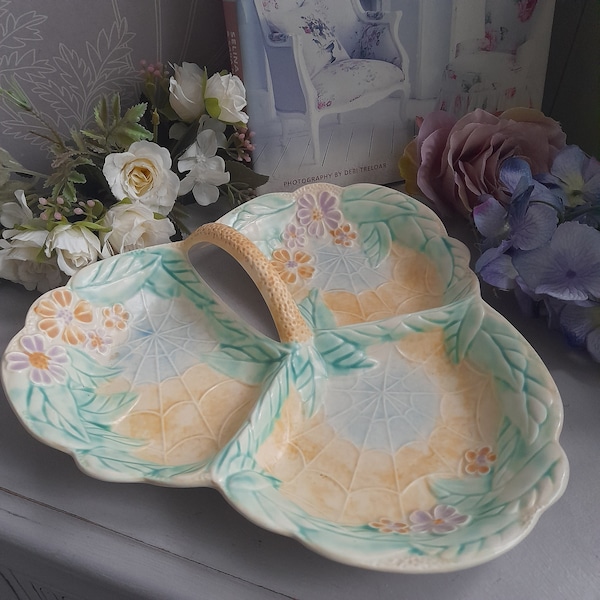 Art Deco Hand-Painted Ceramic Three Section Serving Dish With Spiders Web & Flowers, Trinket Tray With Handle Made By Avon Ware of England