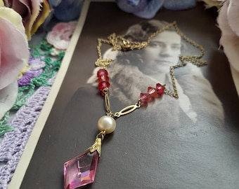 Dainty Antique Edwardian Pink Czech Glass Teardrop & Pearl Necklace, Pretty 1920s Diamond Shape Pendant