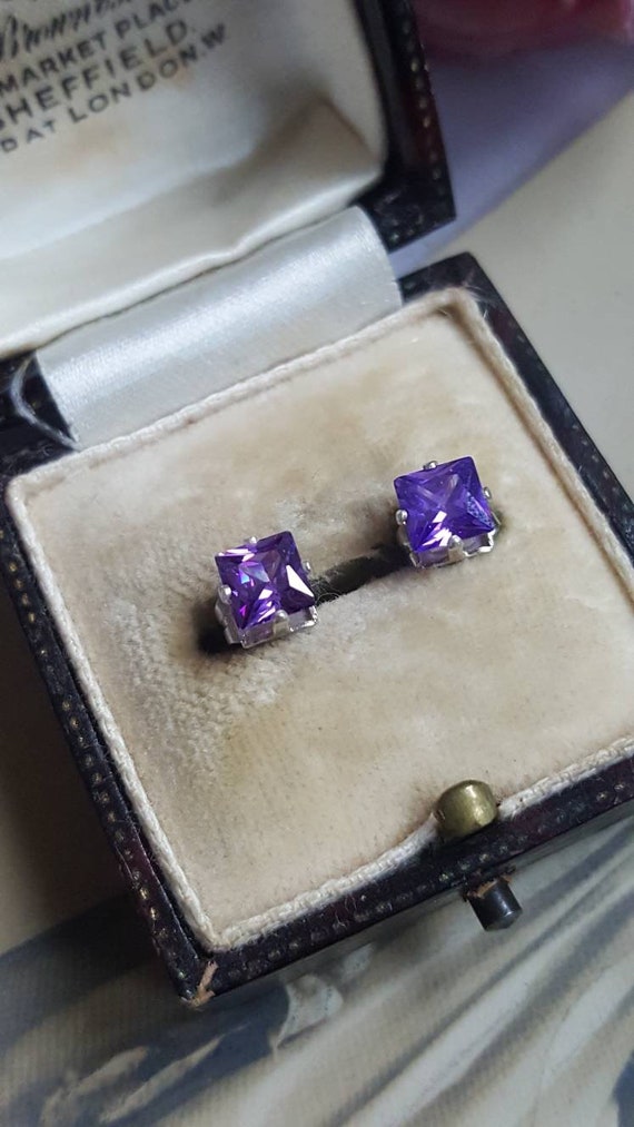 Art Deco Amethyst Earrings, Square Purple Stone, … - image 2