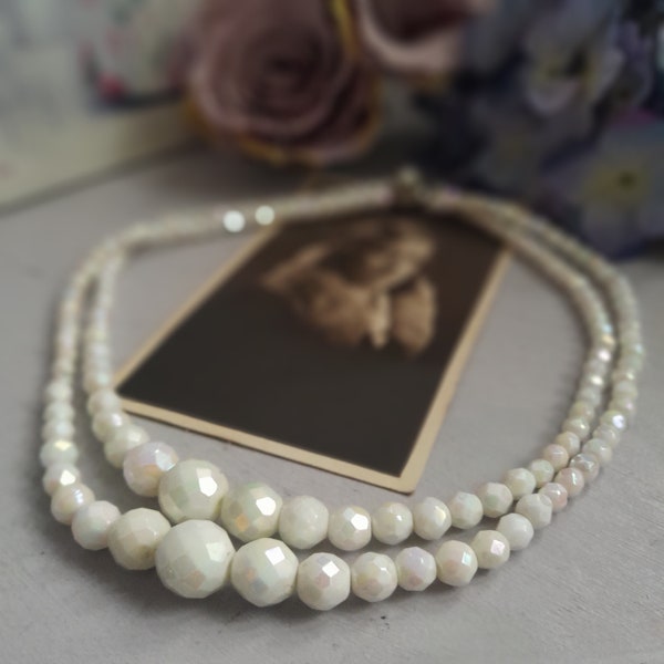 Vintage Old Necklace White Lustre Iridescent Faceted Beads, Double Strand, 1950s Wedding