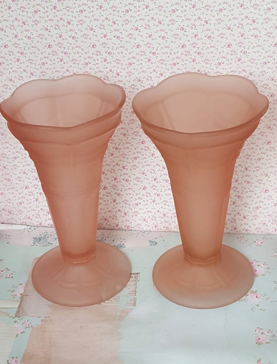 Pair of Sowerby Art Deco Pink Glass Vases Tall Pink Frosted Etsy