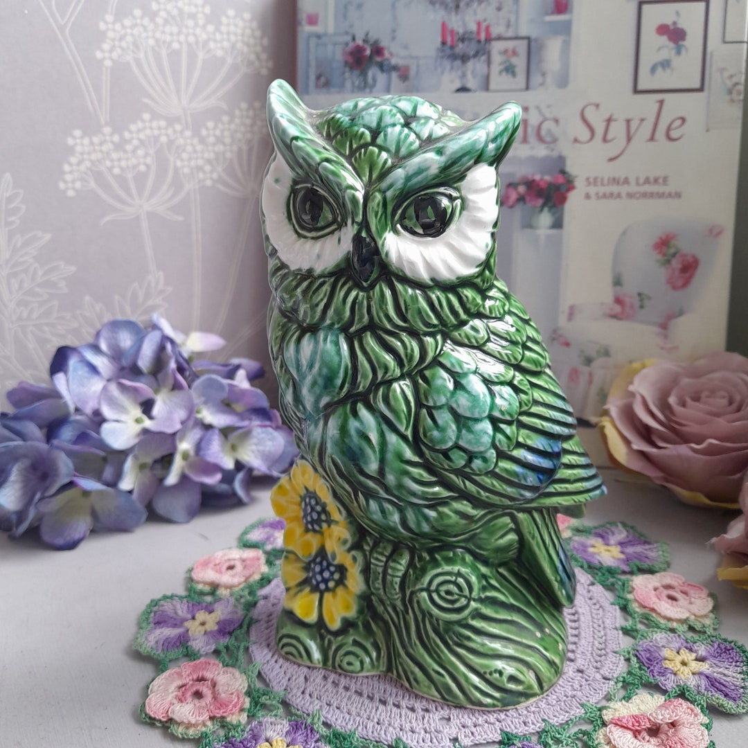 1960's Vintage Green Owl Figurine Planter Vase With Yellow Flowers