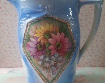 Art Deco Blue Ceramic Jug, Vintage Floral Transfer Pitcher, Antique French Cobalt Blue Jug