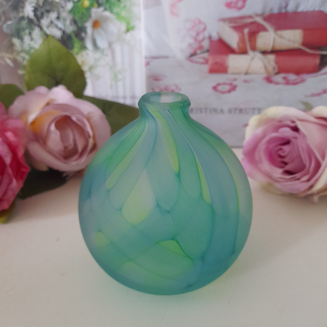 Handmade Alium Round Art Glass Vase in Aqua Blue & Green, Roger Tye