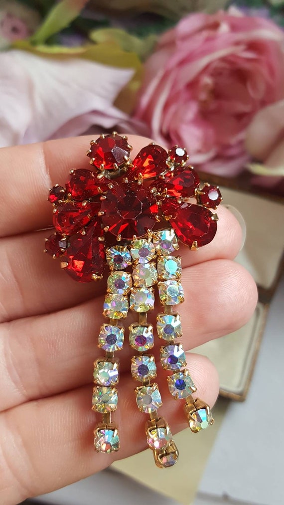 Art Deco Ruby Red & Aurora Borealis Crystal Chand… - image 5
