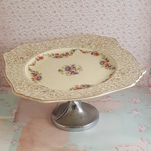 ART DECO Chintz China Cake Stand, Vintage Roses Cake Display, Floral With Gold Detail, Square Shape, Made in England, Wedding Table