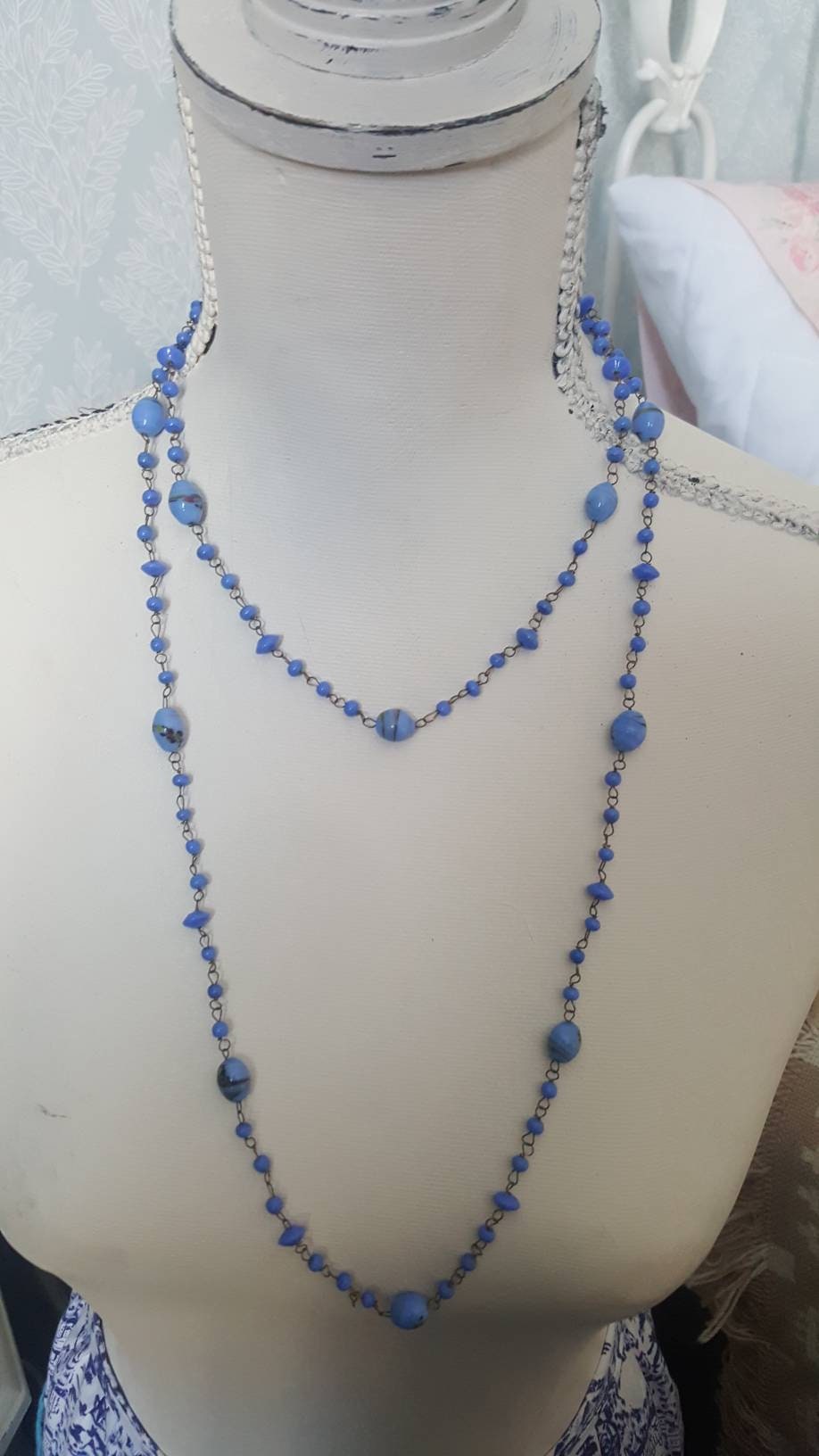 Long Art Deco Blue Glass Flapper Bead Necklace 1930s - Etsy UK