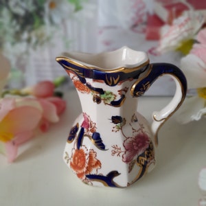 Small Antique MASONS Mandalay Jug, Handpainted in Navy Blue Pink Rust Floral & Gold, Masons Patent Ironstone Jug