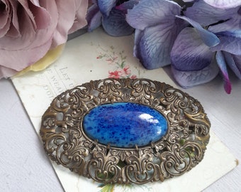 Art Deco Peking Glass Brooch: Bohemian Filigree Rhinestone Brooch