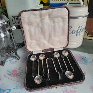 Vintage Art Deco Set of 6 Silver Plate Coffee Bean Spoons & Sugar Tongs in Original Box, Gift For Coffee Lover