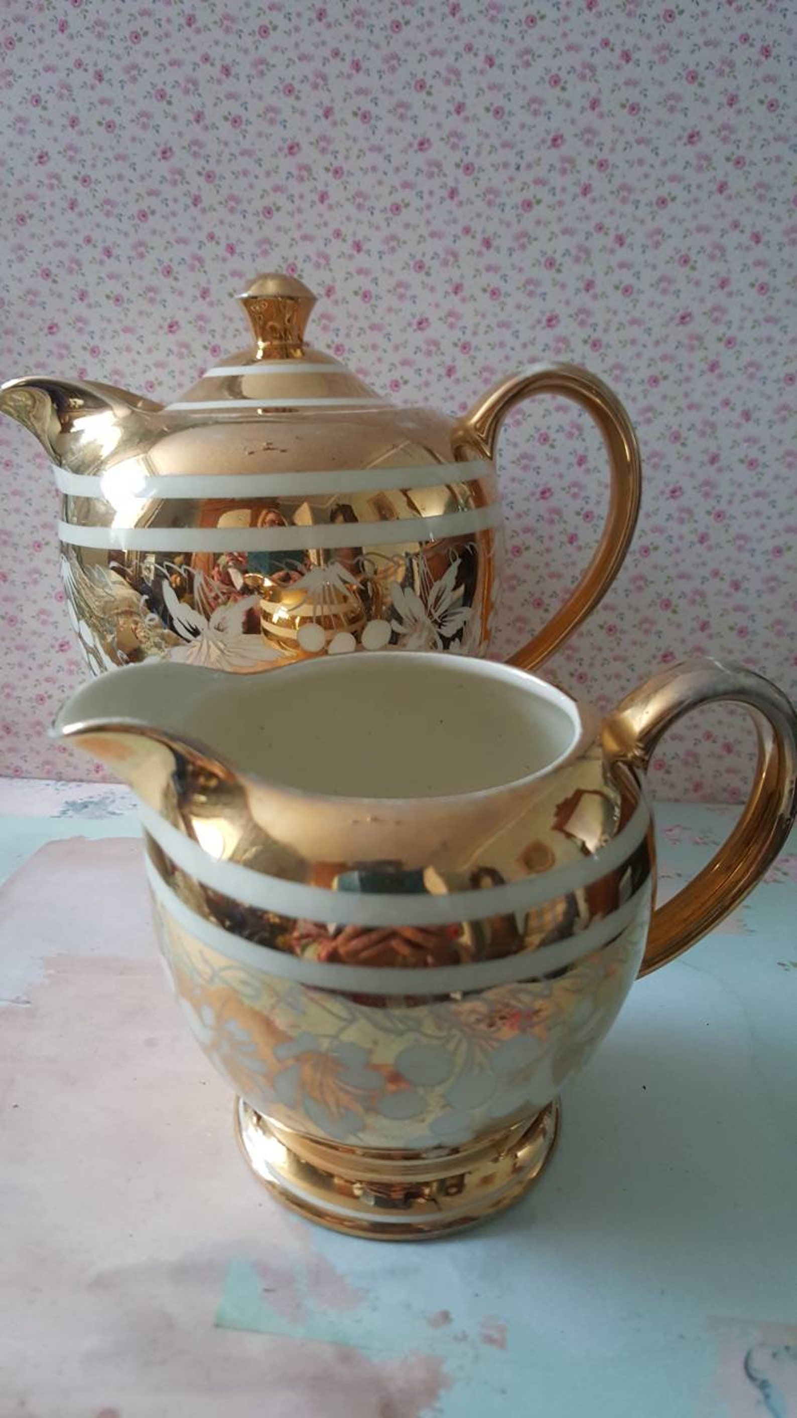 Vintage SADLER Teapot Water Jug & Milk Jug 14K Gold Grapes Etsy