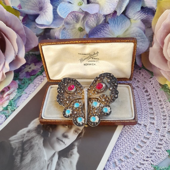 Broche Papillon Vintage En Verre Rose - Style Art Nouveau, Aspect Ancien, Occasion