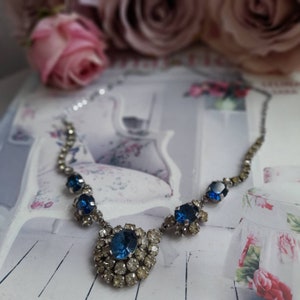 Art Deco Sapphire Blue Necklace, Vintage Swarovski Silver Tone Wedding Jewellery, Paste & Crystal Glass, Gatsby Bridal 1930s, Graduating