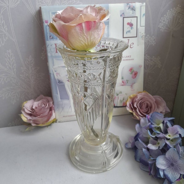 Art Deco Glass CELERY Vase, Clear Pressed Glass Vase Marked On Front With Rocket Stepped Base, Conical Cone Shape
