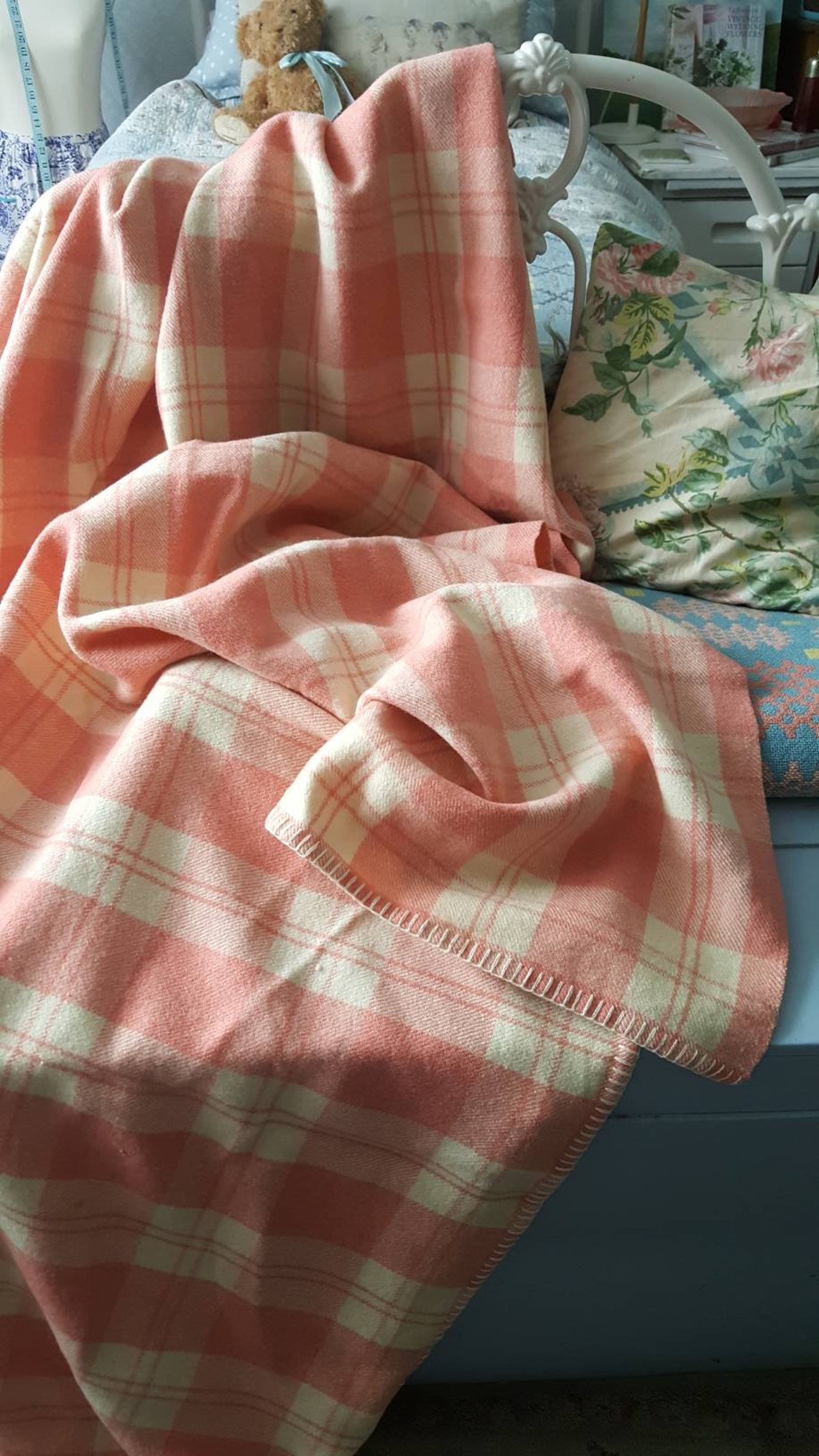 Pretty Welsh Blanket Vintage Wool Blanket in Coral Pink & Etsy UK