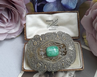 Art Nouveau Czech Brooch: Jade Green Peking Glass, Filigree Sash Pin