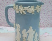 WEDGWOOD Blue Queensware Jug With Rope Handle, Vintage Blue Jug Grecian Ladies, Pretty Blue White Raised Relief Vase