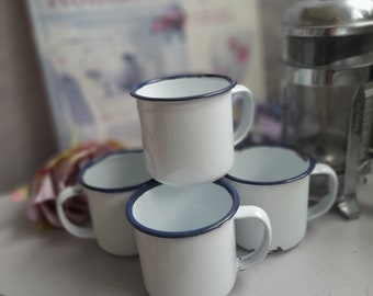 Set of 4 Blue & White Enamel Espresso Cups, Rustic Home Decor, French Interiors