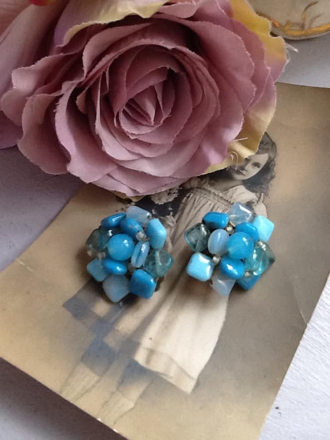 Pair Vintage Clip on Turquoise Earrings, 1950s, Large Knot, Gift for Her, Retro Aqua Jewellery