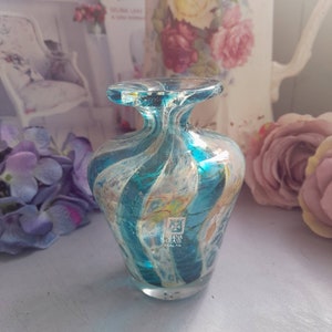 Mdina Art Glass Vase: Turquoise Striped Studio Bud Vase, Signed