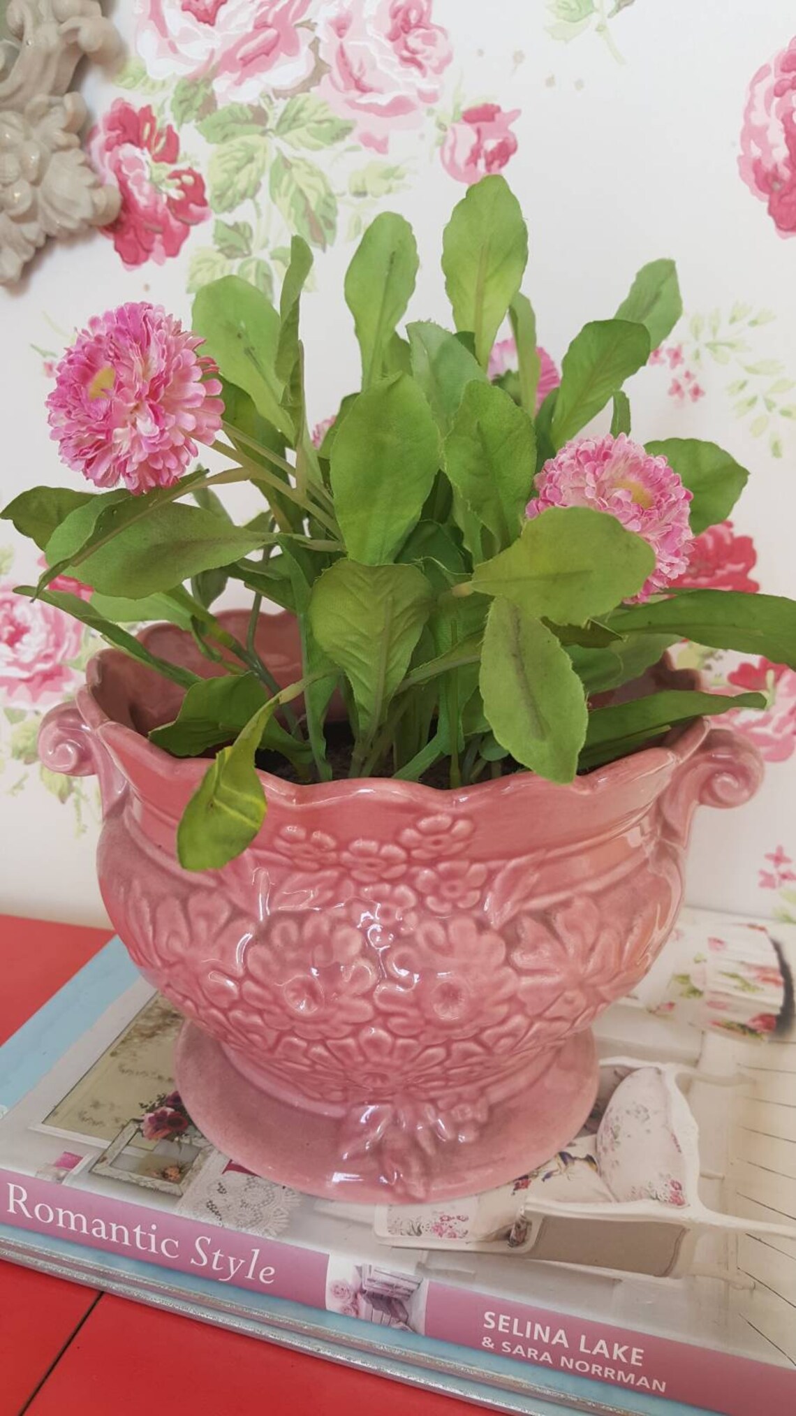 Art Deco Pink Plant Pot Antique Rose Pink Planter With Floral Etsy