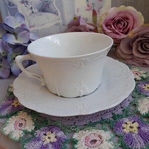 Pretty White German Porcelain Tea Cup & Saucer With Raised Art Deco Detail, Made in Bavaria