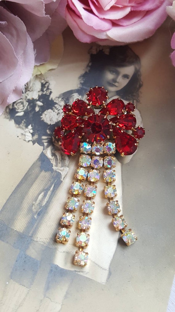 Art Deco Ruby Red & Aurora Borealis Crystal Chand… - image 1