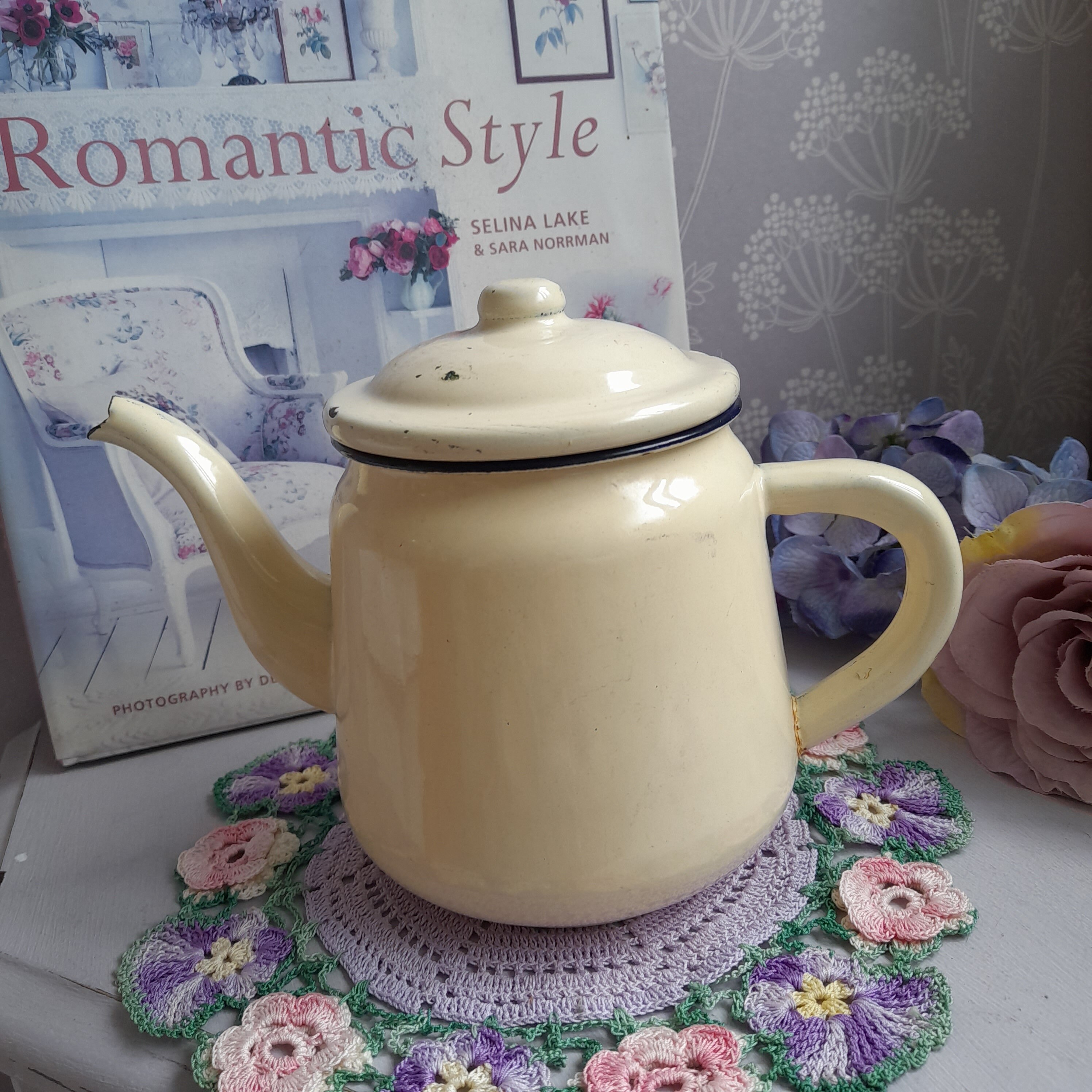 Cream Enamel Teapot, Vintage Enamelware, Cream Metal Coffee Pot
