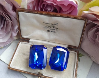 Art Deco Blue Czech Glass Statement Earrings, Large Vintage Rectangular Clip On Earrings, Gold Tone, Faceted