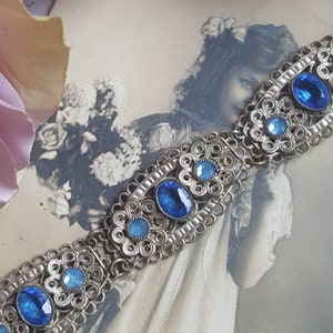 Edwardian Czech Glass Sapphire Blue Filigree Bracelet, 1915 Bohemian Rhinestone Bracelet