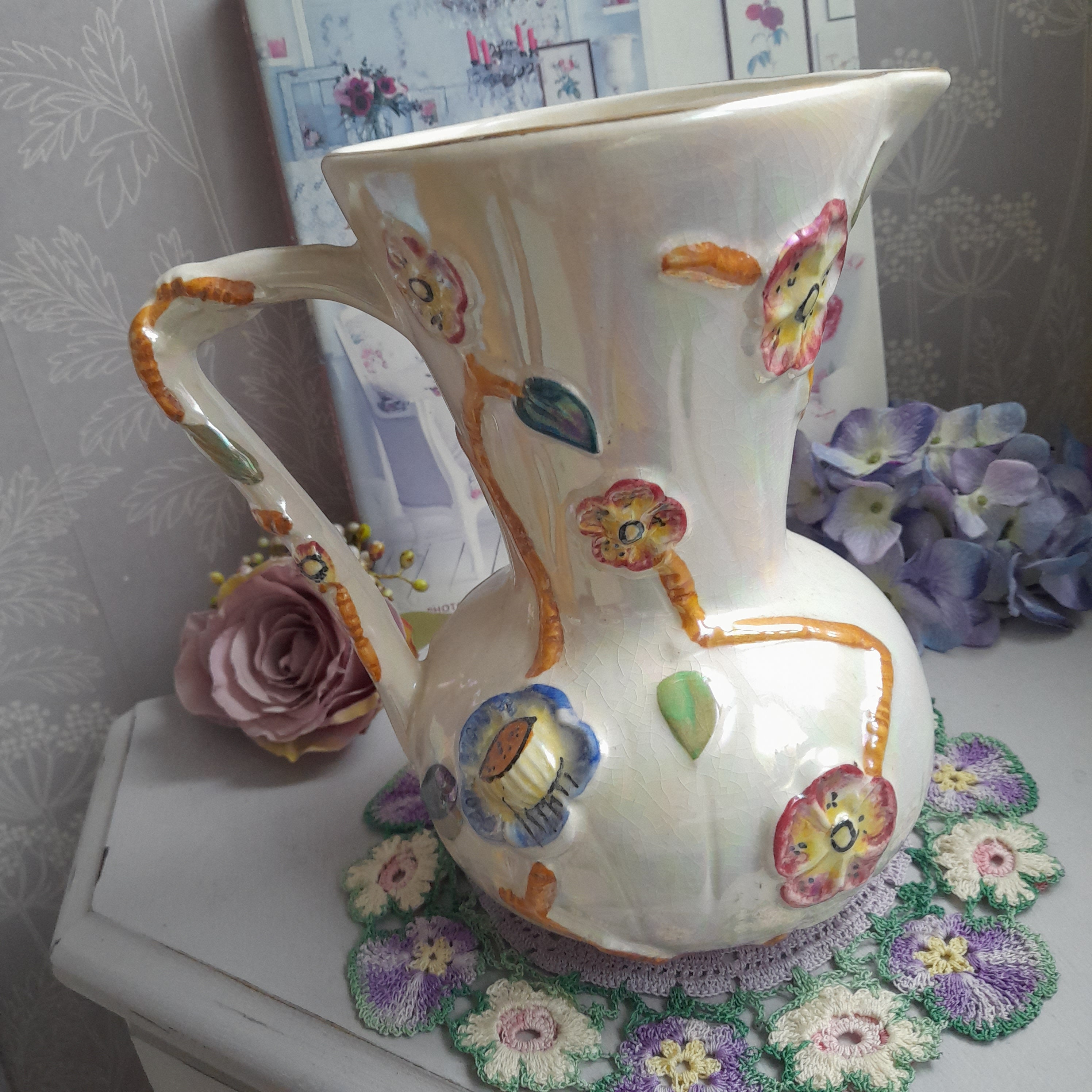 Vintage Art Deco Arthur Wood Ceramic Relief Floral Lustre Jug 4704