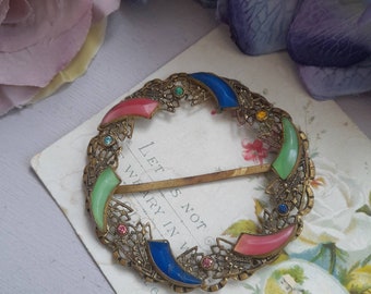 Grande boucle de ceinture en laiton de verre tchèque Art déco, boucle antique des années 1920 avec des pierres multicolores, cadeau floral vintage, 2 1/4 pouces