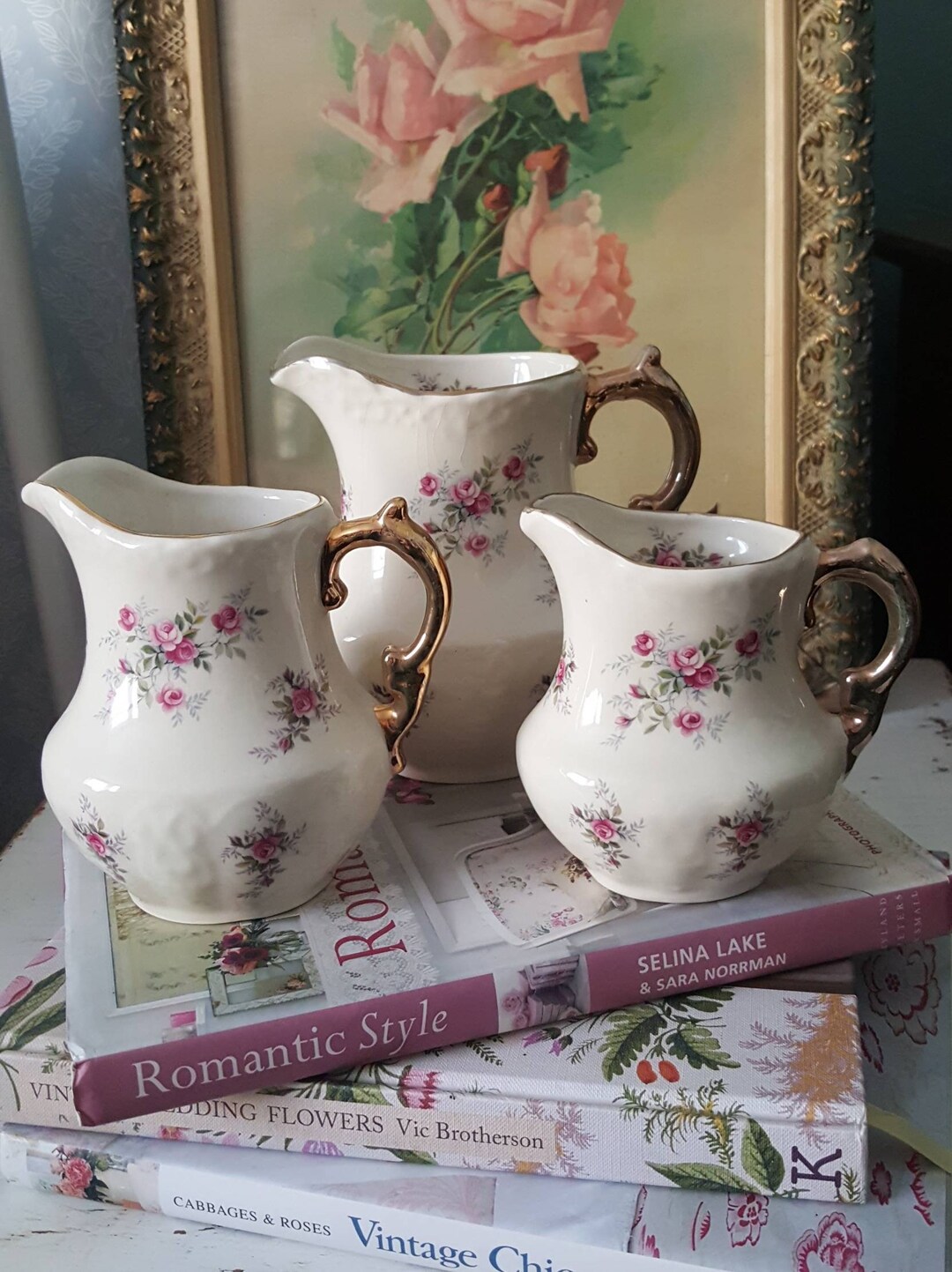 Set of 3 Victorian Floral Jugs, Trio of Graduating Vintage Jugs with Pink Roses, Pretty Floral