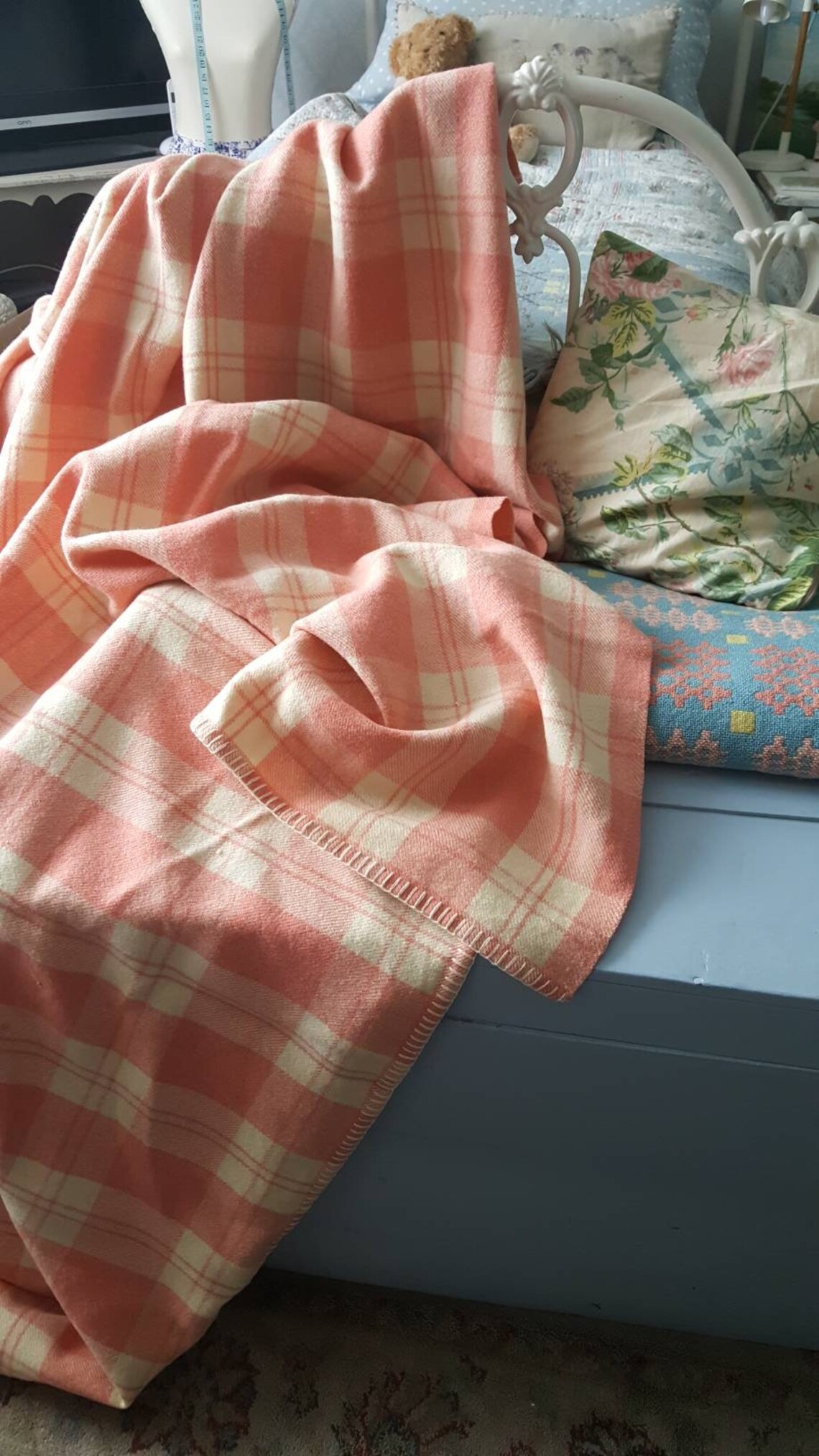 Pretty Welsh Blanket Vintage Wool Blanket in Coral Pink & Etsy UK