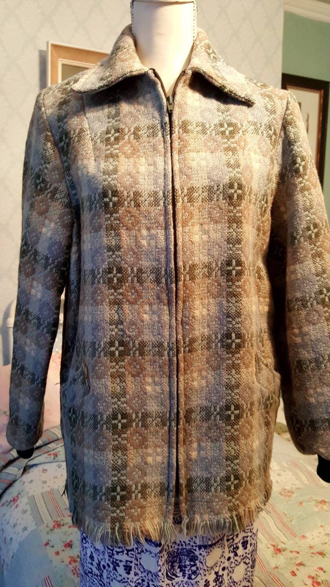 Welsh Tapestry Bomber Jacket Grey Blue 60s Wool Coat Welsh Etsy